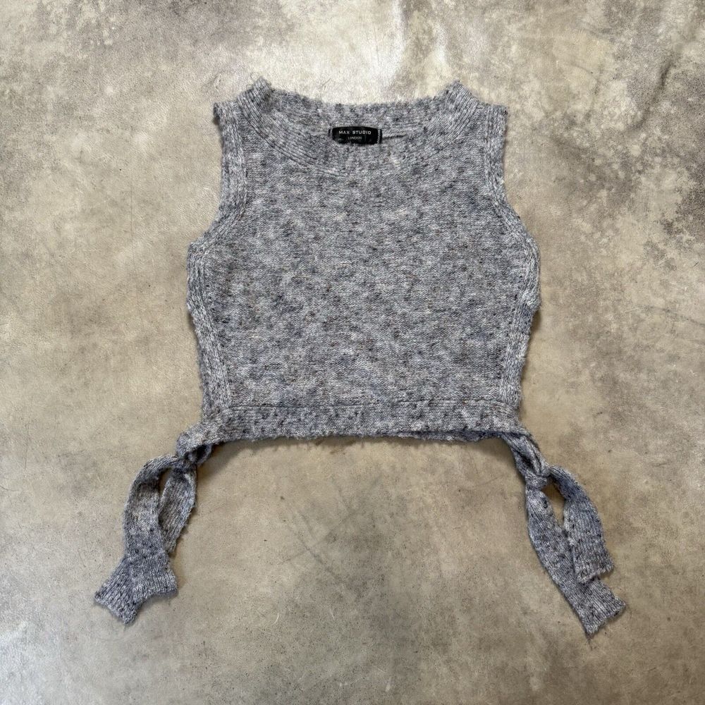 Max Studio Sweater Vest Women Medium Gray‎ Preppy Casual Tie Sides Wool Blend